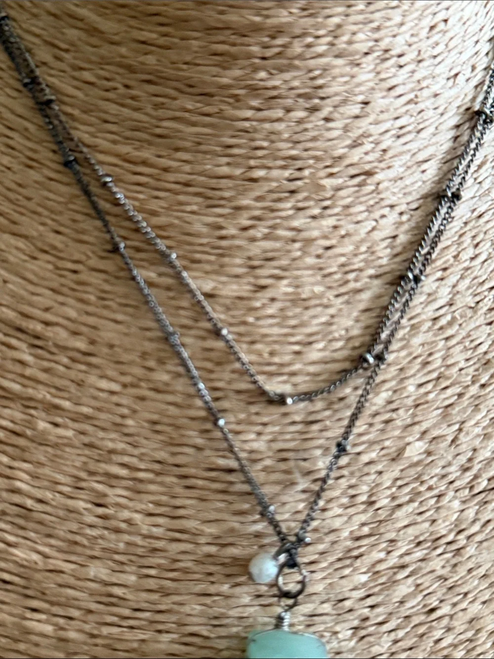 Long sterling silver darkened chain with tiny silver balls green semi precious